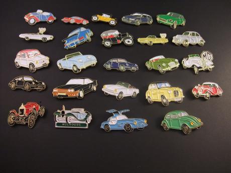 24 auto pins diverse merken , o.a. Porsche, mercedes, oldtimers